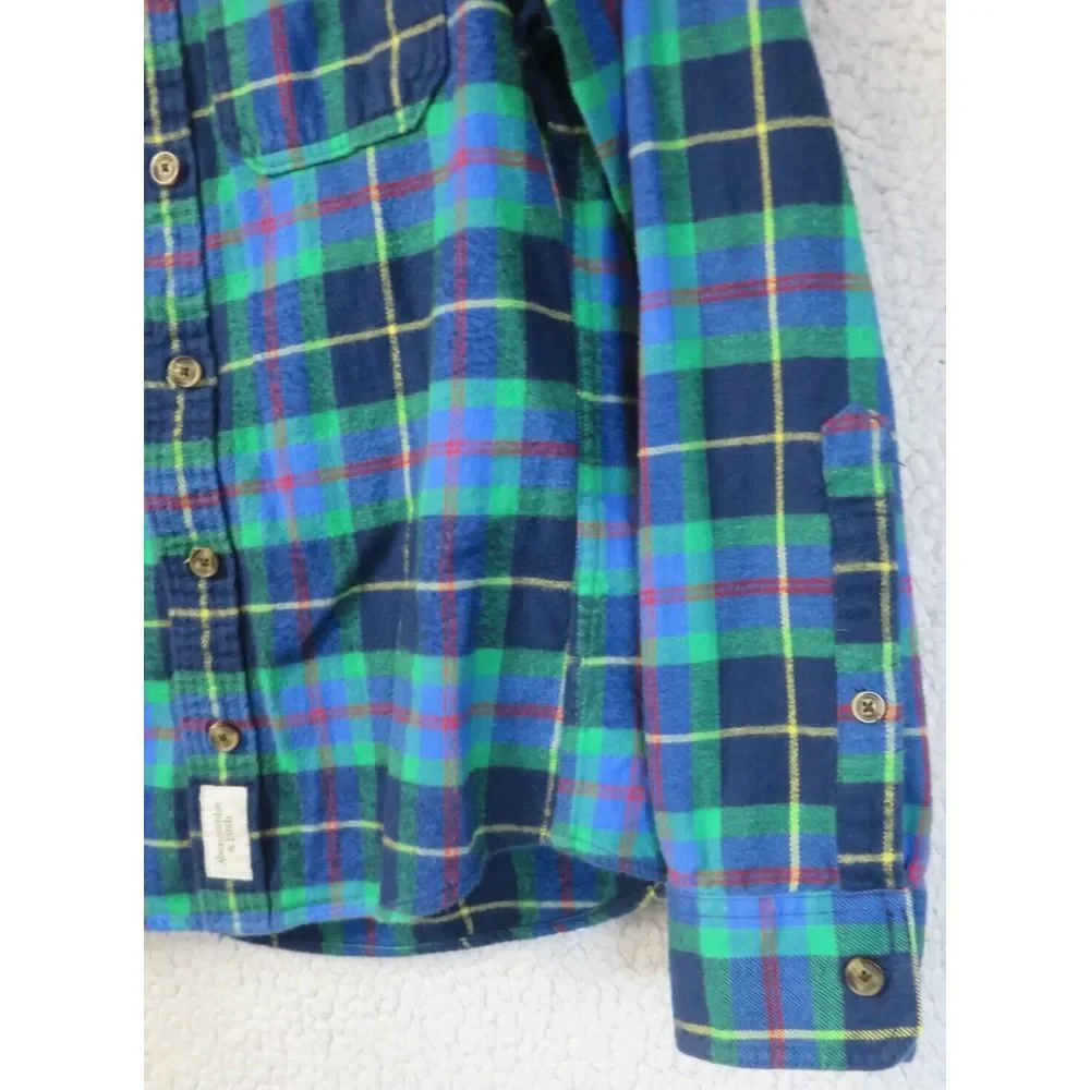 Mens Abercrombie & Fitch Flannel Shirt Blue Plaid Button‎ Front S Cotton Muscle
